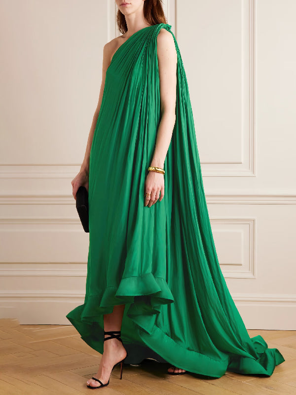 Sleeveless Loose Pleated Falbala Solid Color One-Shoulder Maxi Dresses