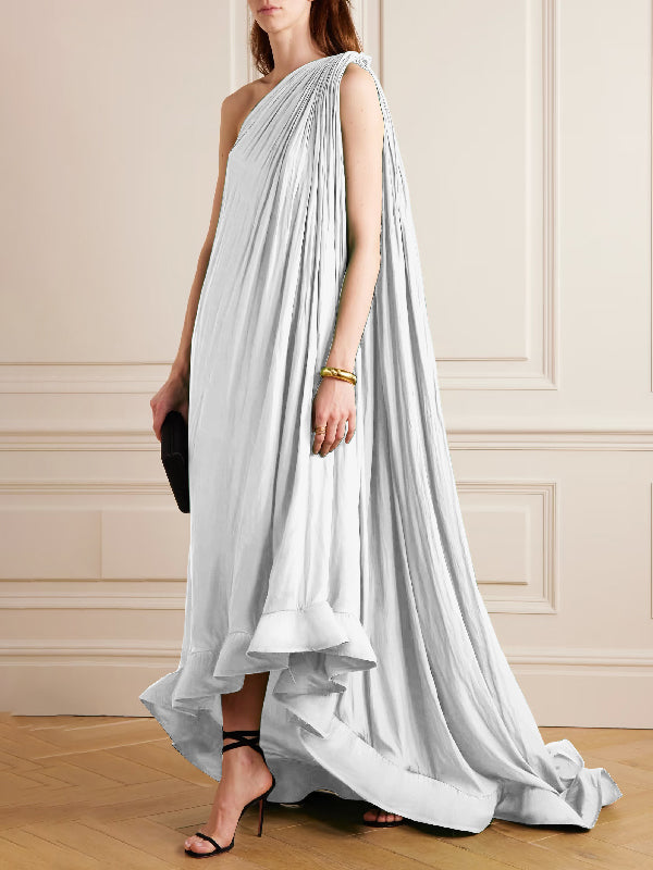 Sleeveless Loose Pleated Falbala Solid Color One-Shoulder Maxi Dresses