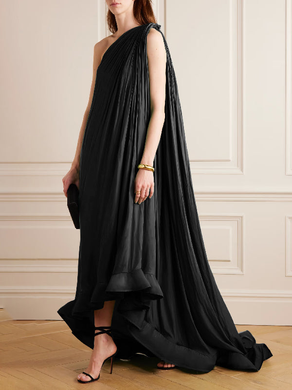 Sleeveless Loose Pleated Falbala Solid Color One-Shoulder Maxi Dresses