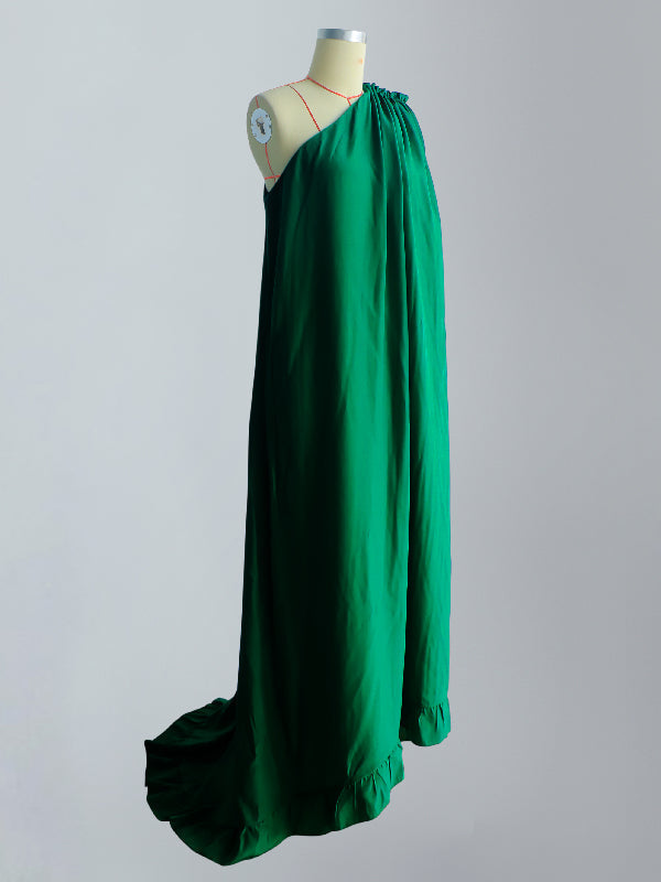 Sleeveless Loose Pleated Falbala Solid Color One-Shoulder Maxi Dresses