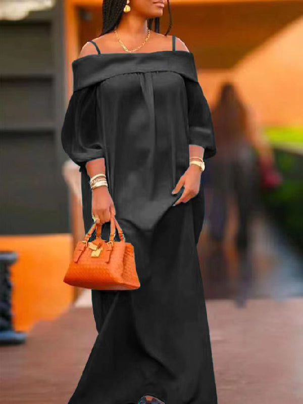 Simple Loose Puff Sleeves Solid Color Off-The-Shoulder Maxi Dresses