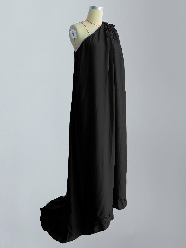 Sleeveless Loose Pleated Falbala Solid Color One-Shoulder Maxi Dresses