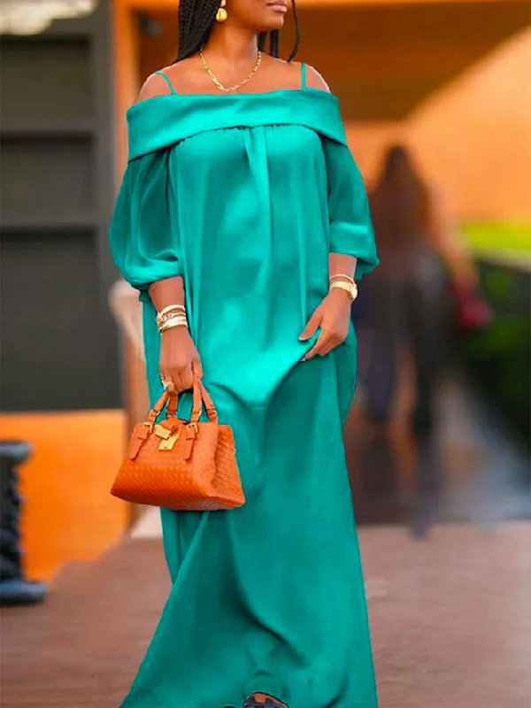 Simple Loose Puff Sleeves Solid Color Off-The-Shoulder Maxi Dresses
