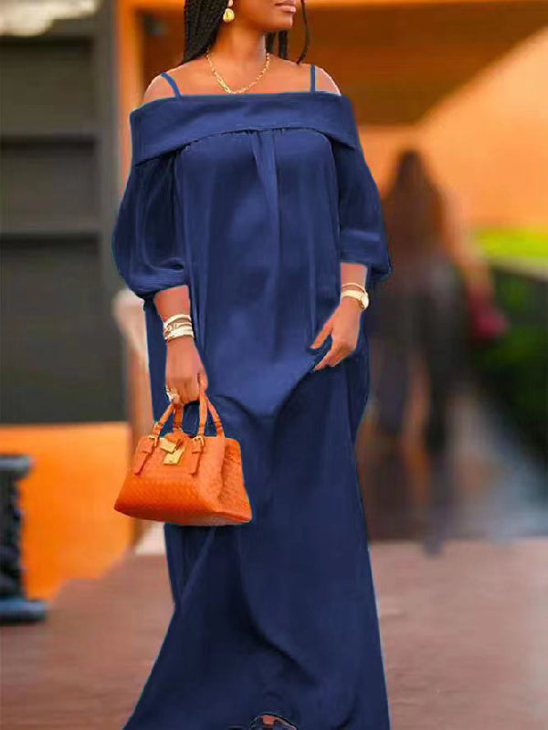Simple Loose Puff Sleeves Solid Color Off-The-Shoulder Maxi Dresses