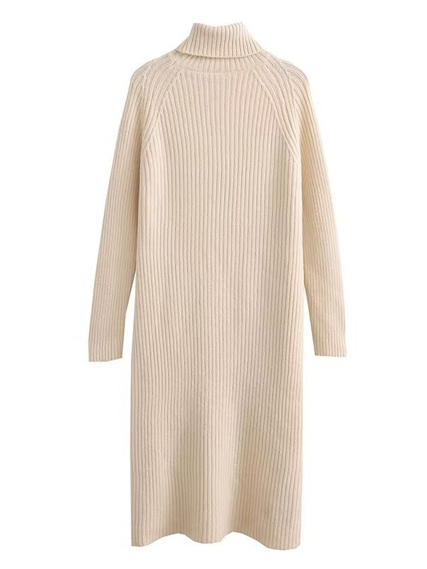 Simple Long Sleeves Loose Solid Color High-Neck Sweater Dresses