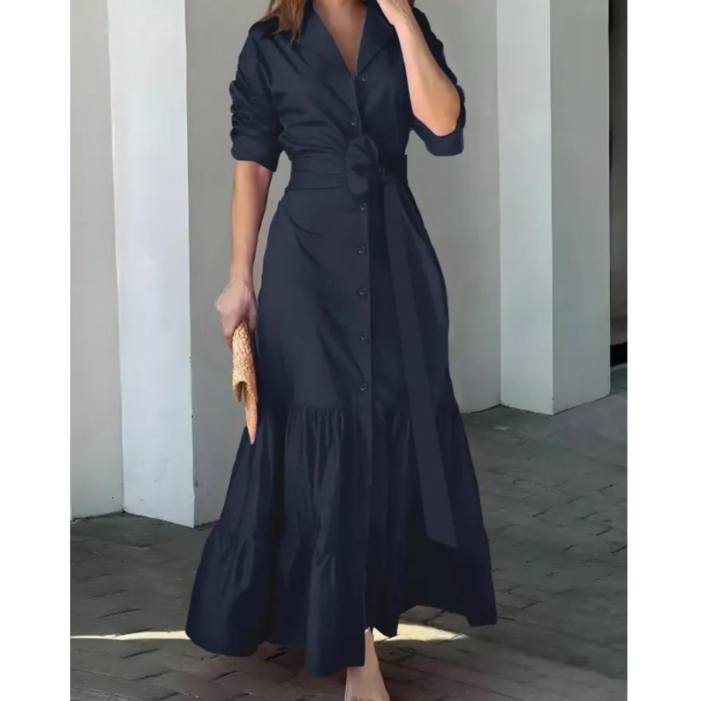 Solid Button Front Belted Dress, Elegant Ruched Sleeve Ruffle Trim Maxi Dress, Women's Clothing