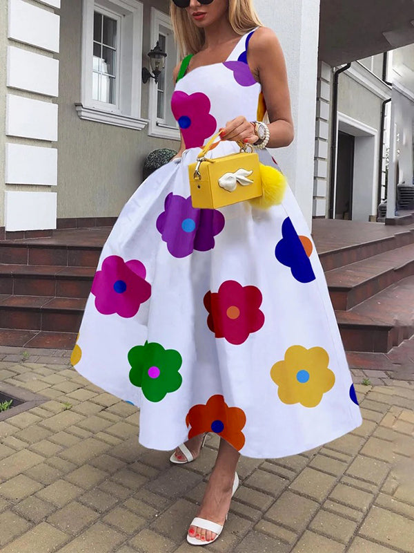 Sleeveless Floral Printed Square-Neck Midi Dresses