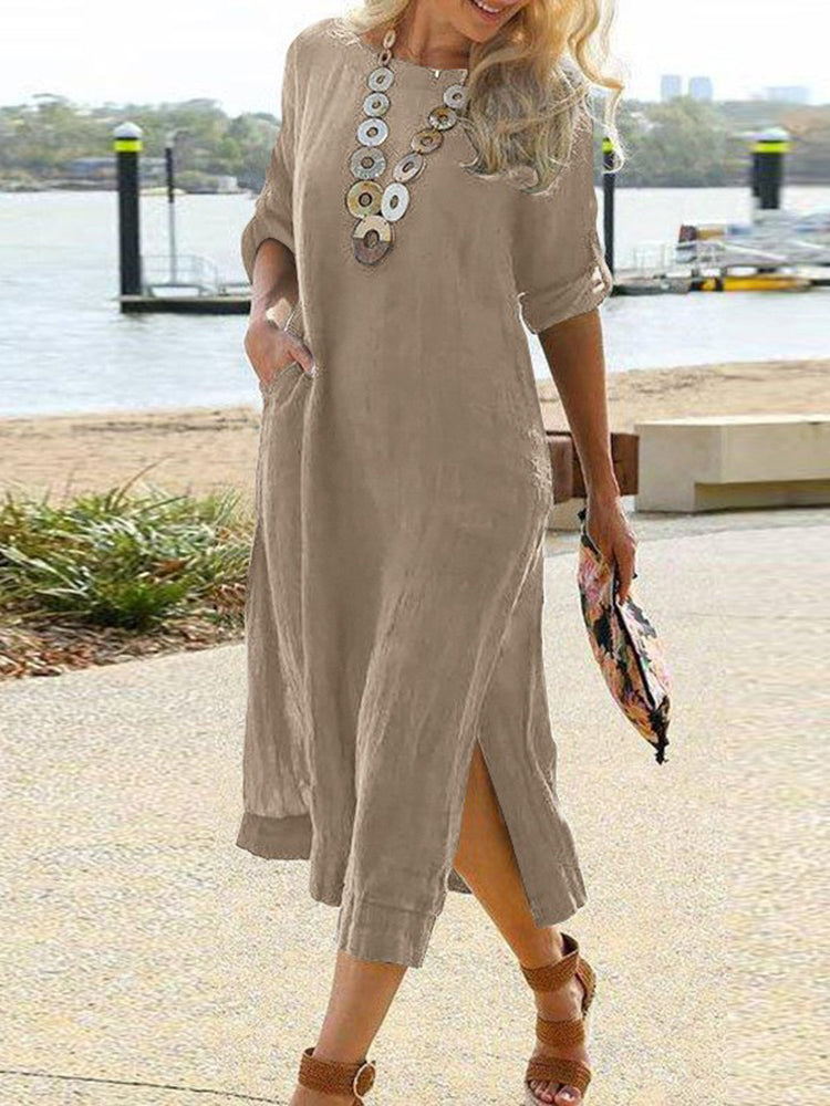 Solid Color Women Casual Short Sleeve Maxi Dress