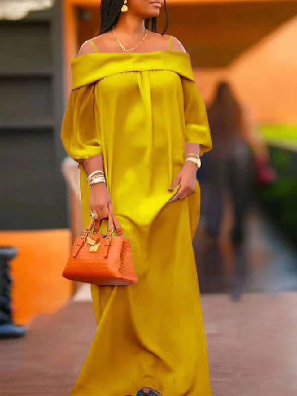 Simple Loose Puff Sleeves Solid Color Off-The-Shoulder Maxi Dresses