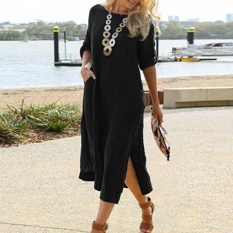 Solid Color Women Casual Short Sleeve Maxi Dress