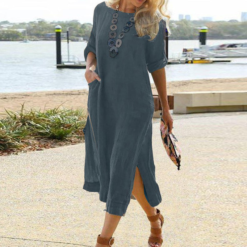 Solid Color Women Casual Short Sleeve Maxi Dress