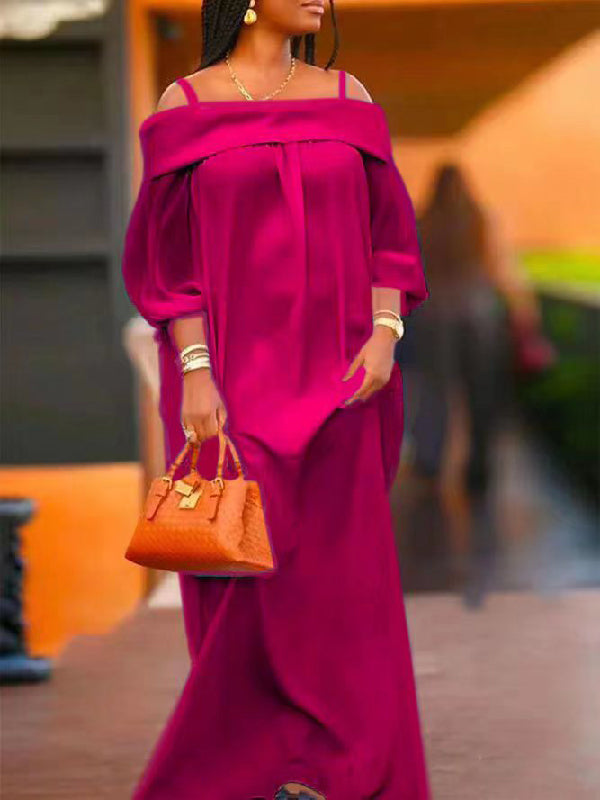 Simple Loose Puff Sleeves Solid Color Off-The-Shoulder Maxi Dresses