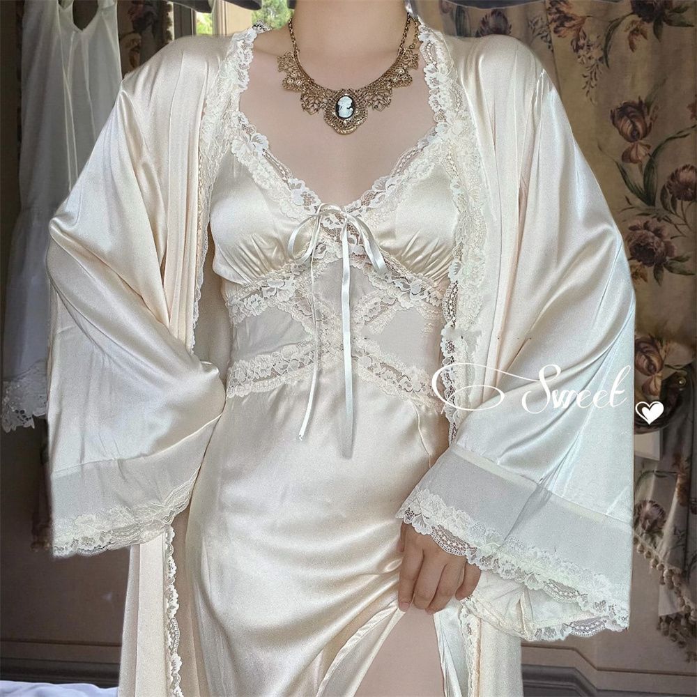 Silk Strap Dress Women Casual Korean Elegant Long Split Dress Patchwork Lace Dress Women Fashion Elegant V Neck