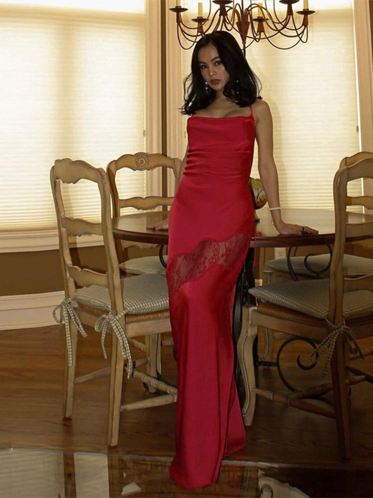 Sleeveless Midi Lace Satin Dress Party Club Backless Off Shoulder Elegant Dresses For Women 2024 Summer