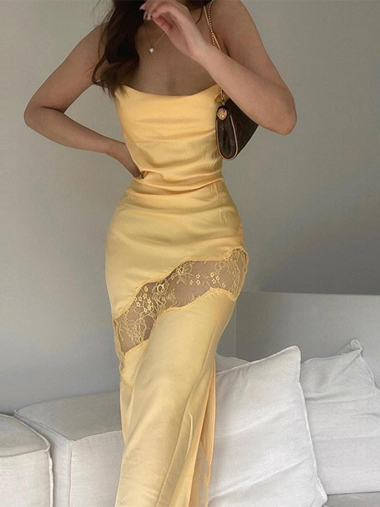 Sleeveless Midi Lace Satin Dress Party Club Backless Off Shoulder Elegant Dresses For Women 2024 Summer