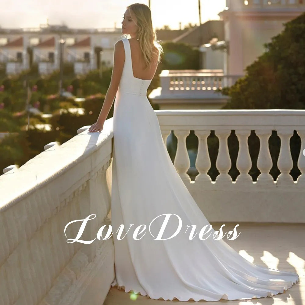 Simple Square Collar White Wedding Dresses For Women Side Split Sleeveless Belt Modern Button Bride Gown Backless Robe de Mariée