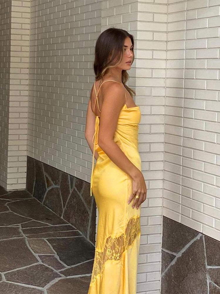 Sleeveless Midi Lace Satin Dress Party Club Backless Off Shoulder Elegant Dresses For Women 2024 Summer