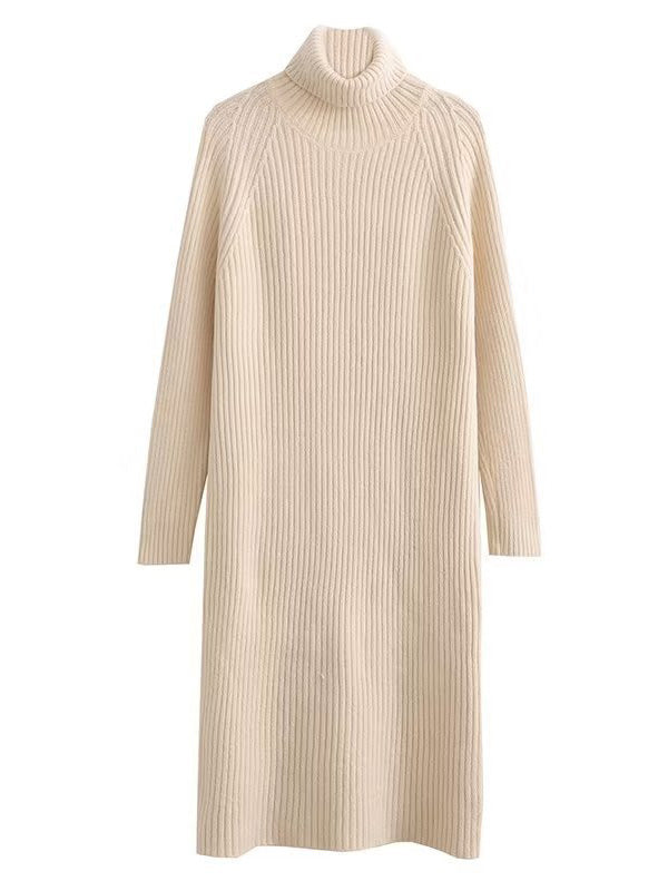 Simple Long Sleeves Loose Solid Color High-Neck Sweater Dresses