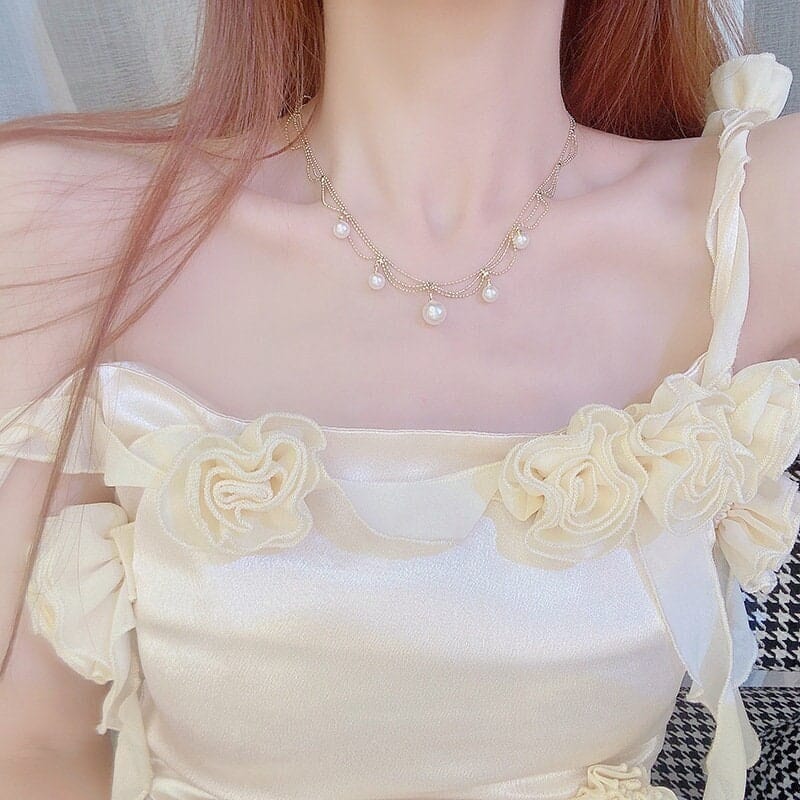 Chic Layered Pearl Tassel Ball Chain Choker Necklace