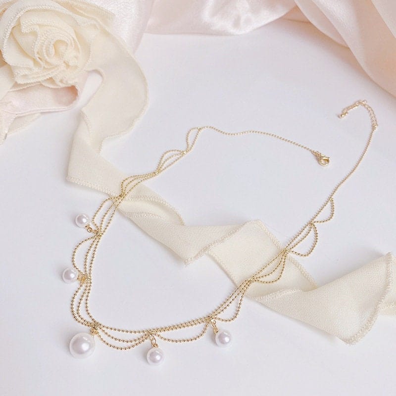 Chic Layered Pearl Tassel Ball Chain Choker Necklace