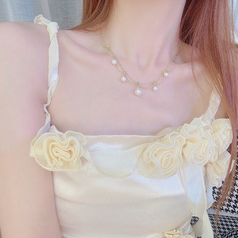 Chic Layered Pearl Tassel Ball Chain Choker Necklace
