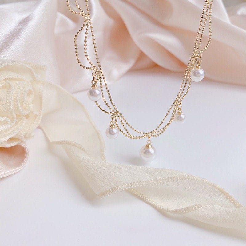 Chic Layered Pearl Tassel Ball Chain Choker Necklace