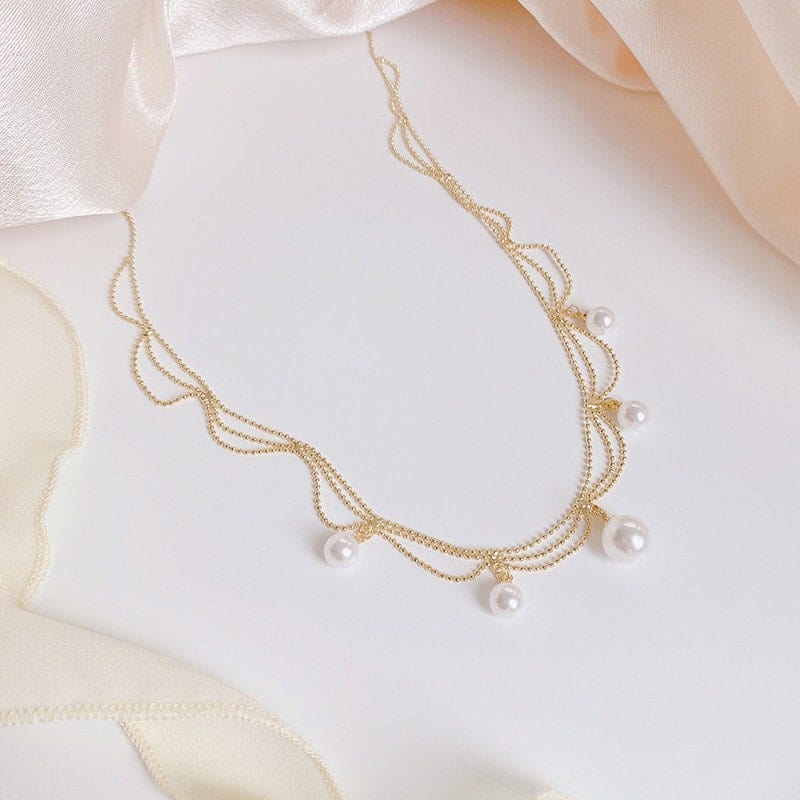 Chic Layered Pearl Tassel Ball Chain Choker Necklace