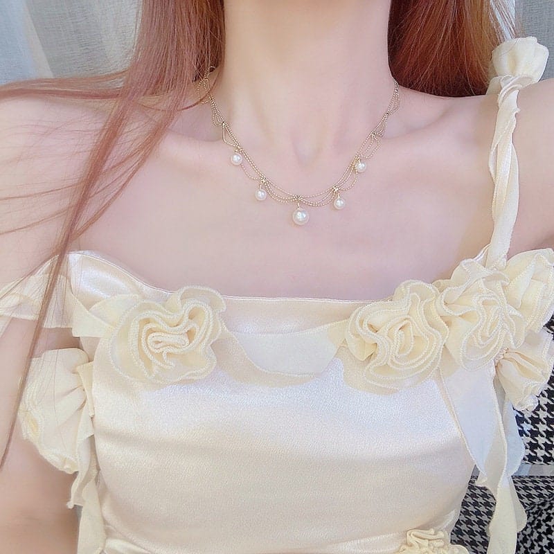 Chic Layered Pearl Tassel Ball Chain Choker Necklace