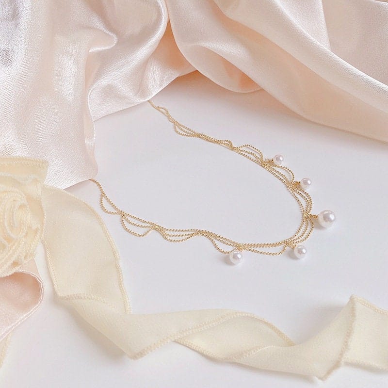 Chic Layered Pearl Tassel Ball Chain Choker Necklace