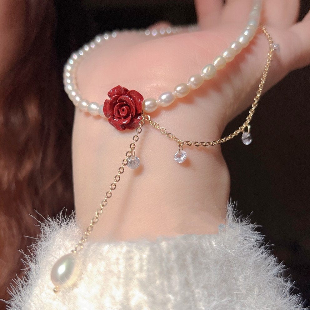 Chic Layered Rhinestone Tassel Rose Pearl Chain Choker Necklace