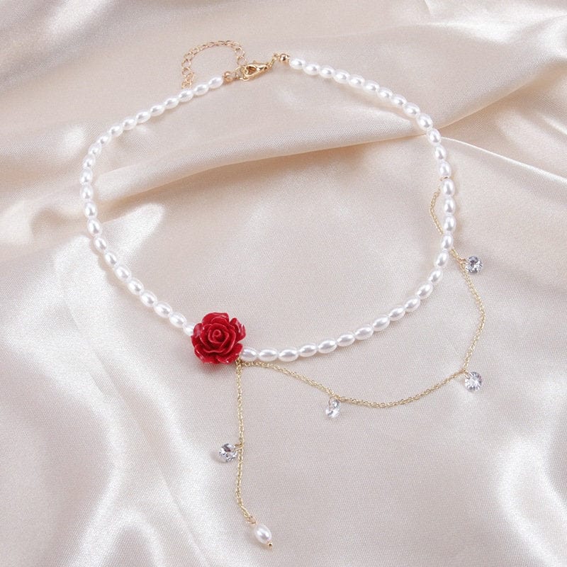 Chic Layered Rhinestone Tassel Rose Pearl Chain Choker Necklace