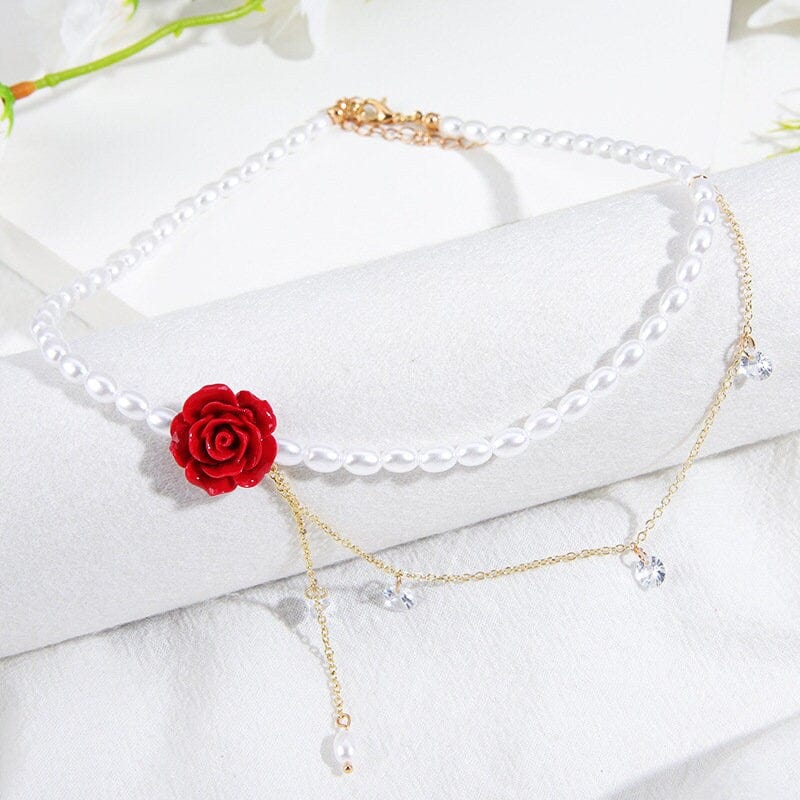 Chic Layered Rhinestone Tassel Rose Pearl Chain Choker Necklace