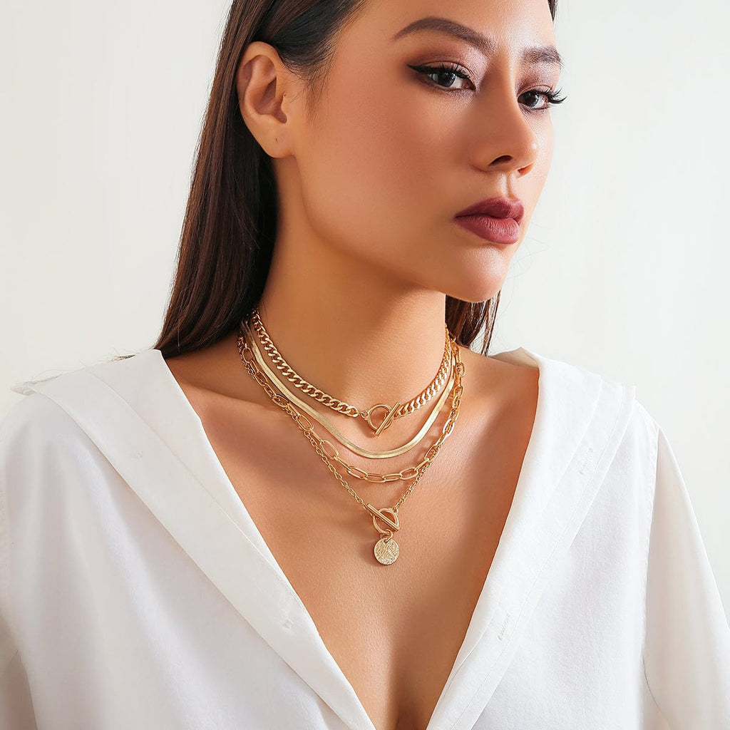 Chic Layered Toggle Clasp Round Disk Pendant Chain Necklace Set