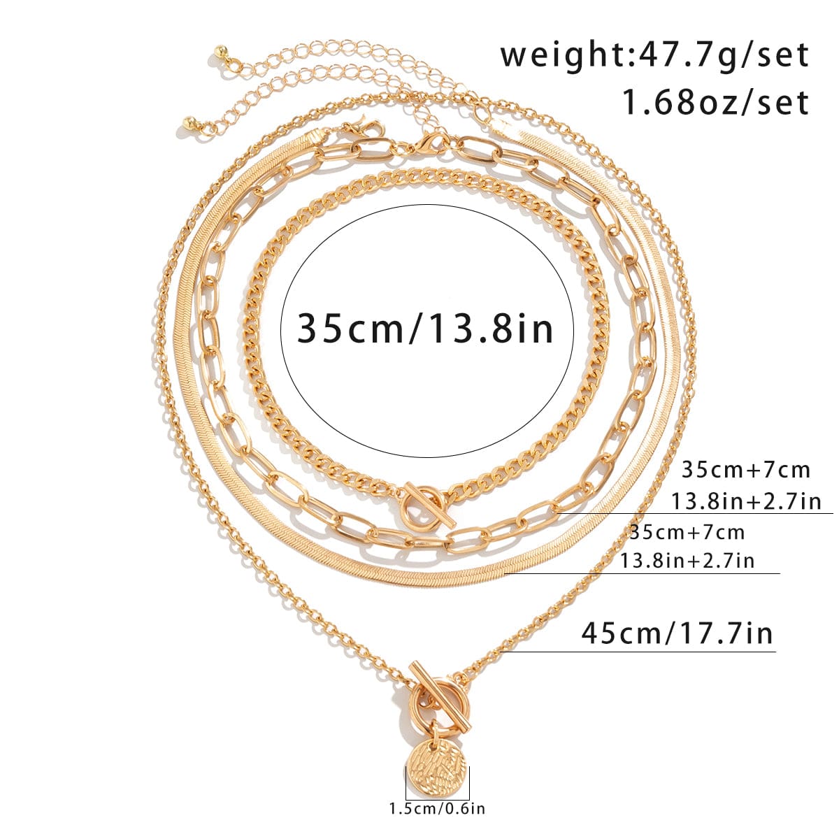 Chic Layered Toggle Clasp Round Disk Pendant Chain Necklace Set