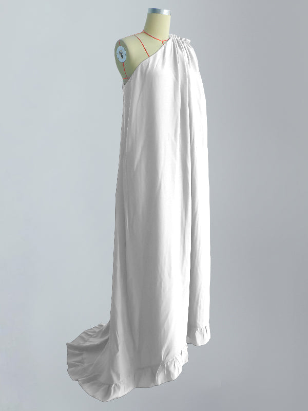 Sleeveless Loose Pleated Falbala Solid Color One-Shoulder Maxi Dresses