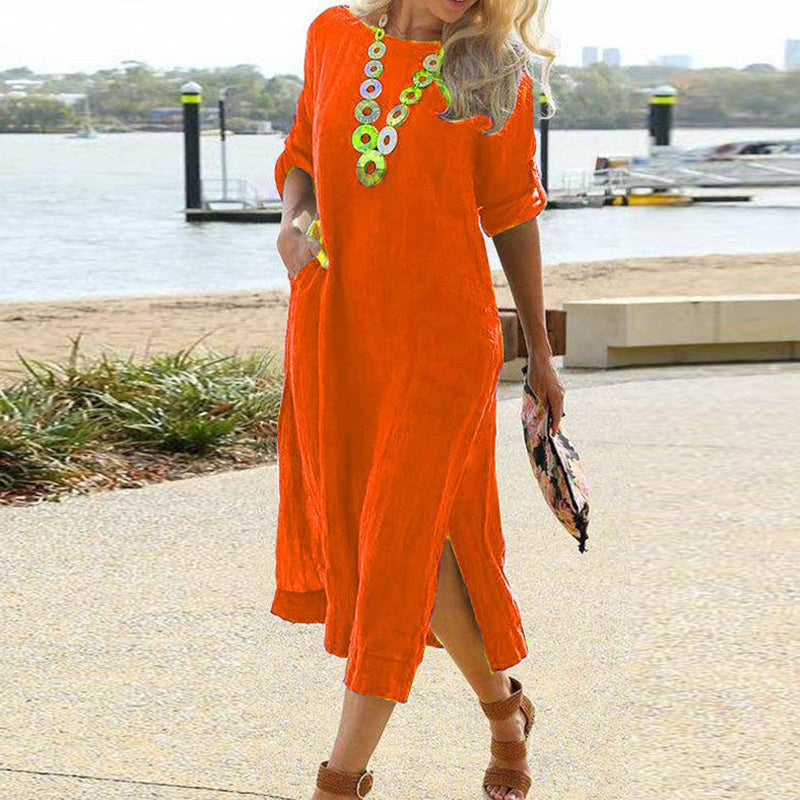 Solid Color Women Casual Short Sleeve Maxi Dress