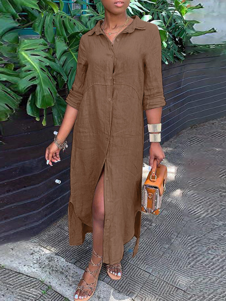 Solid Color Casual Button Lapel Collar Shirt Maxi Dress