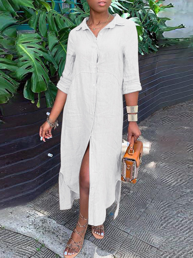 Solid Color Casual Button Lapel Collar Shirt Maxi Dress