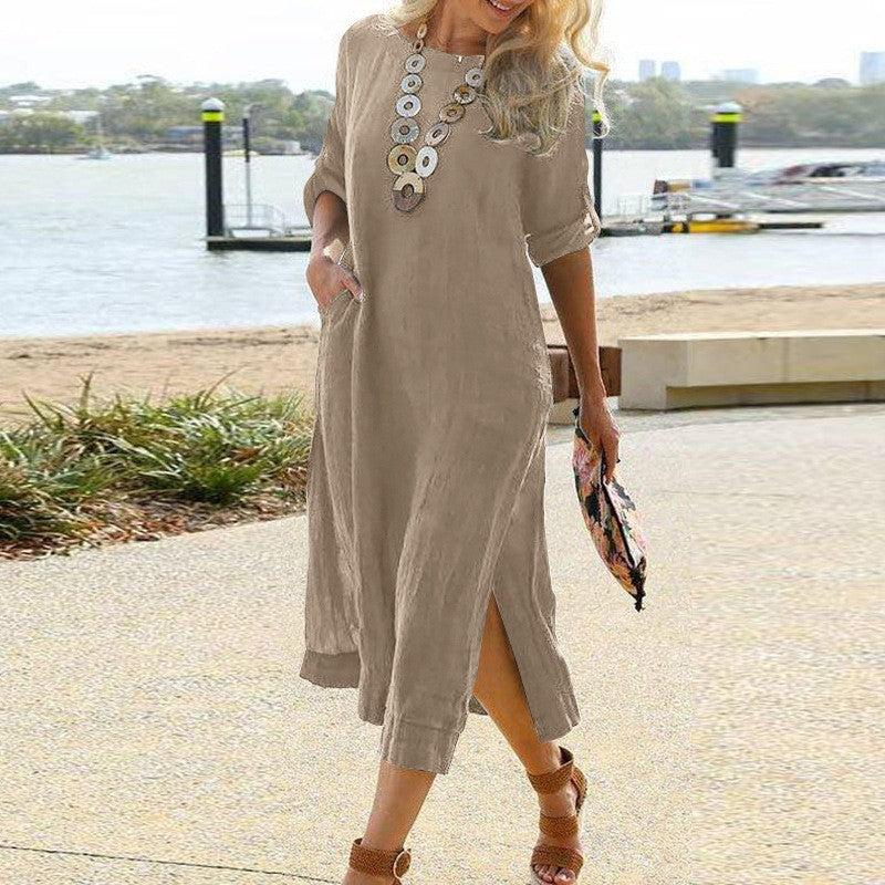 Solid Color Women Casual Short Sleeve Maxi Dress