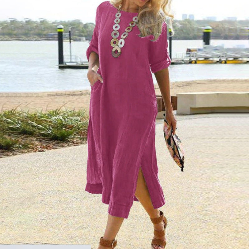 Solid Color Women Casual Short Sleeve Maxi Dress